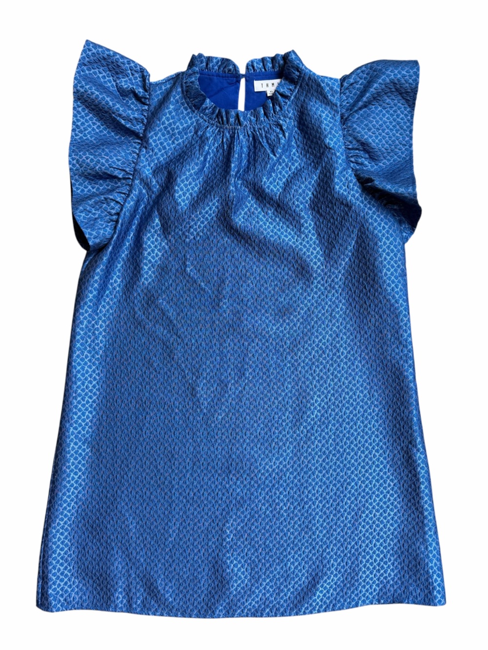 THML Blue Texture Ruffled Sleeves Mock Neck Mini Dress
